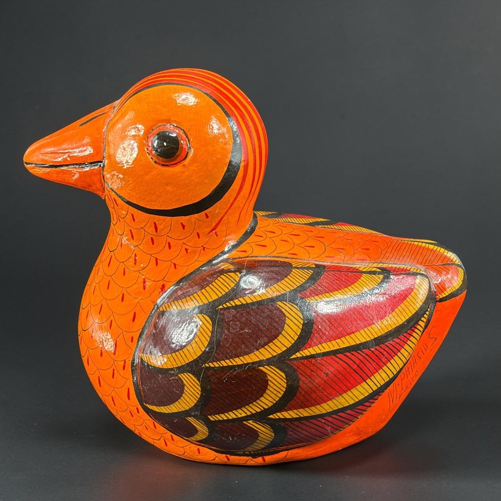 Vintage 1980s Mexican Pottery Duck Bird Figurine HandPainted Orange Folk Art 6in
